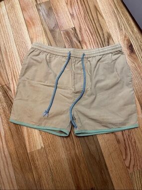 Kids Tan Drawstring Shorts with Green Trim
